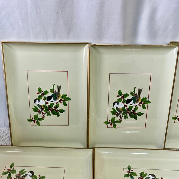 Gibson Greetings Chickadees & Holly Otagiri Lacquerware Snack Tray Set of 8 VTG - Picture 9 of 11
